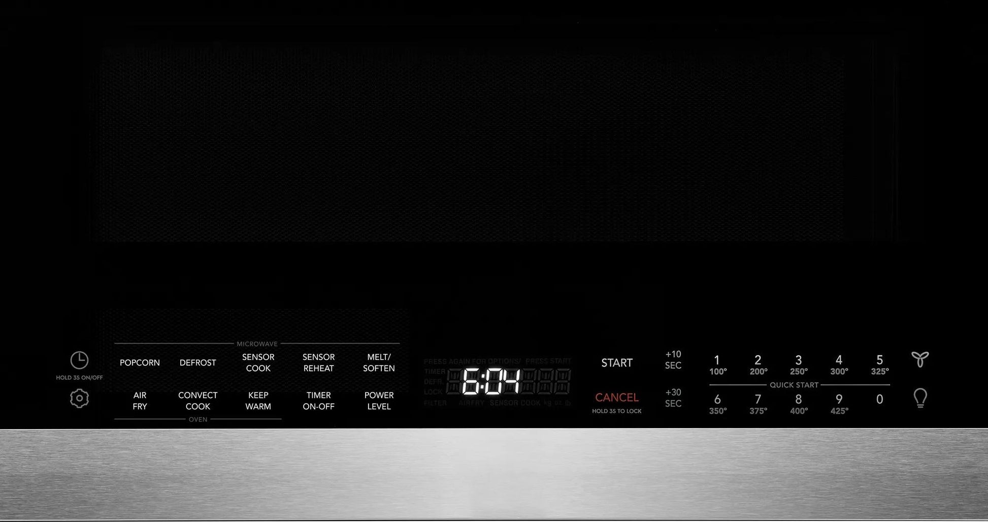 Control panel of a stainless steel microwave with air fry and multiple cooking functions in kitchen appliances collection