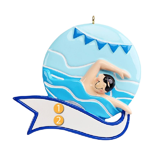 Blue swimmer boy ornament with goggles on ribbon banner, Christmas tree decoration under 50 dollars