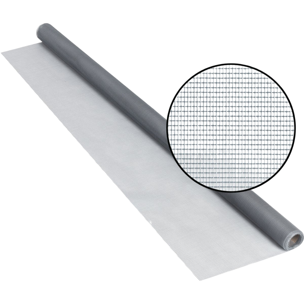 Gray fiberglass screen cloth roll with close-up detail of woven mesh pattern for home improvement projects