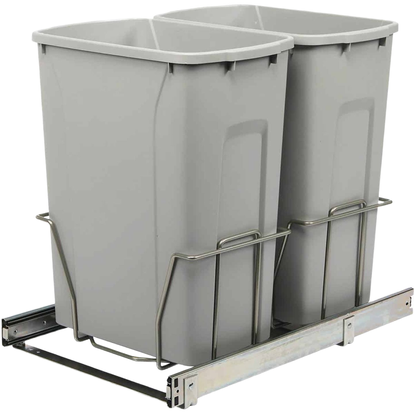 Double gray waste bins with metal frame and sliding bottom mount for kitchen cabinet organization and storage solutions