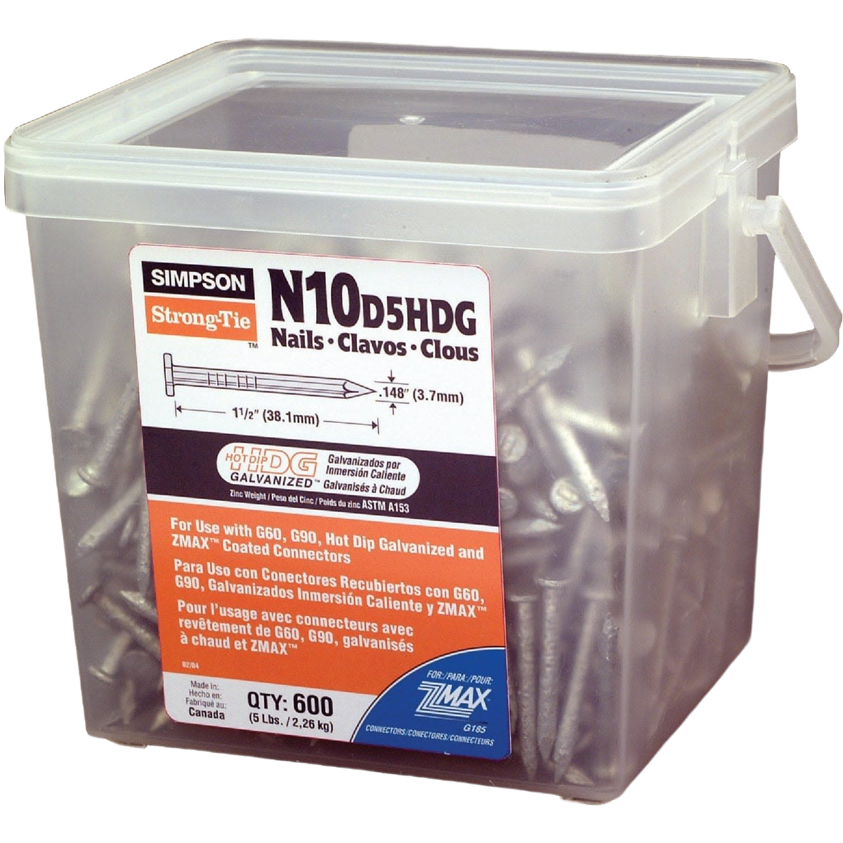 Plastic container of galvanized joist nails with 9 gauge thickness for lumber and building materials use in home improvement
