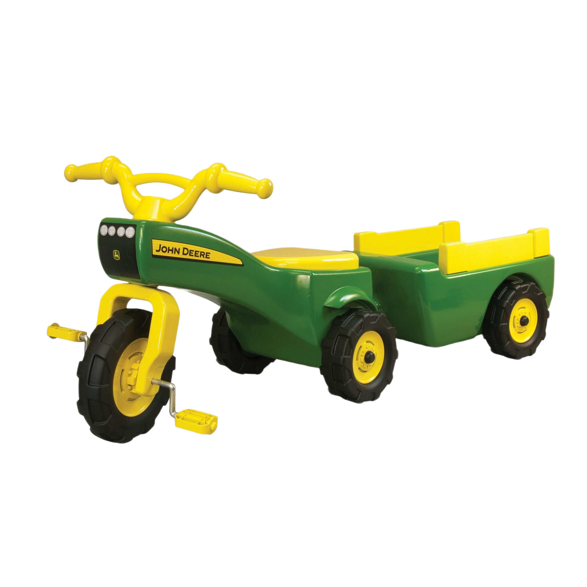 Green and yellow pedal tractor with detachable wagon toy featuring John Deere branding on front panel