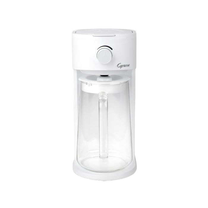White countertop iced tea maker with clear 80 oz. pitcher and simple dial control for beverage preparation