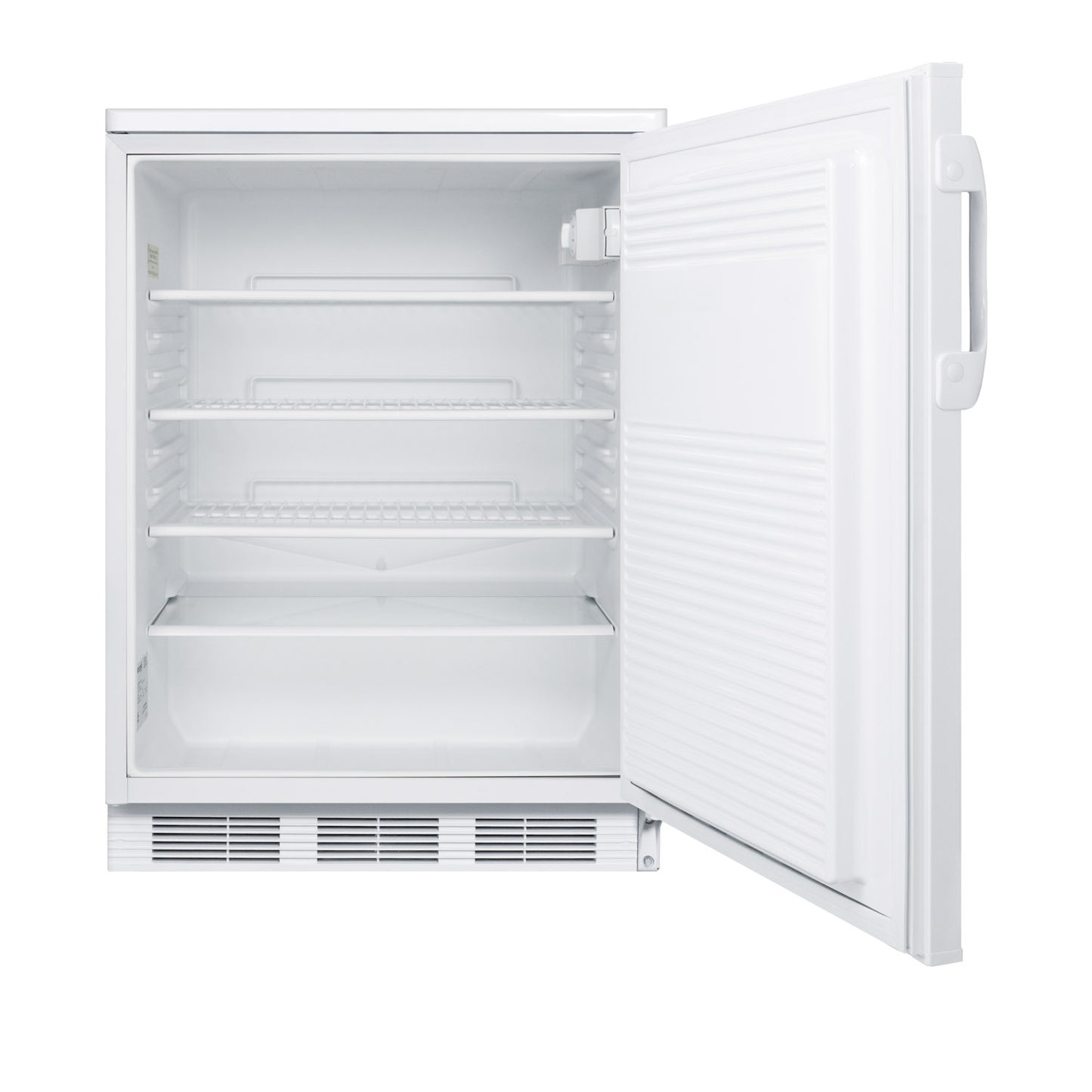 White built-in all-refrigerator with three wire shelves and bottom drawer for kitchen appliance and home use