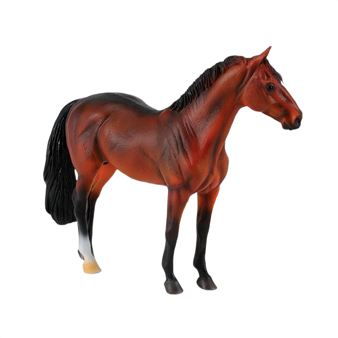 Brown Hanoverian stallion figurine with black mane and tail, showing realistic muscle detailing and white sock on one leg