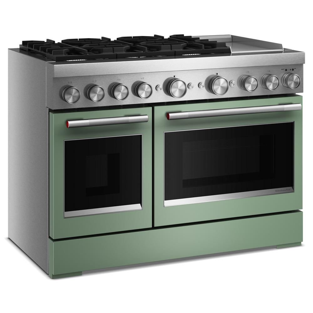 Green and stainless steel dual fuel range with six burners, electric griddle, and double ovens from KitchenAid collection