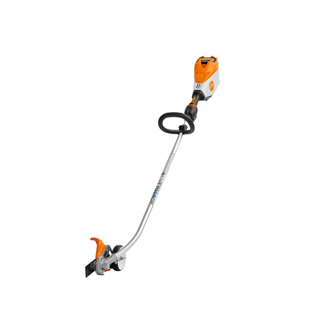 Battery-powered curved shaft edger with ergonomic handle for precise lawn and garden edging in outdoor power equipment collection.