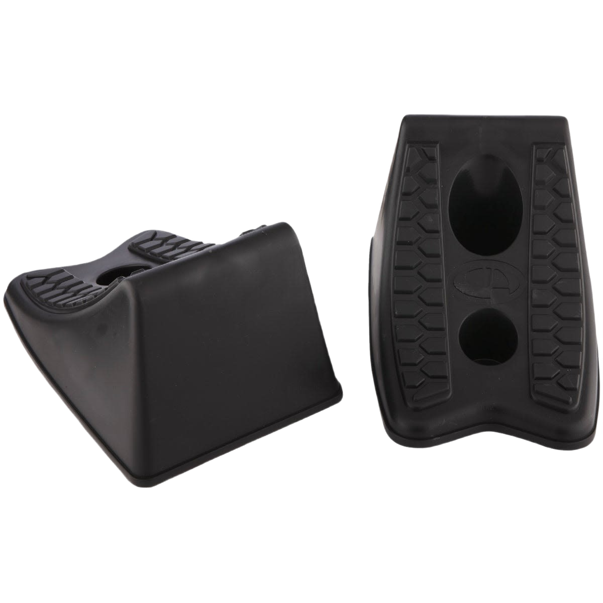 Set of durable black ABS plastic wheel chocks designed to prevent vehicle movement for home improvement and parts use