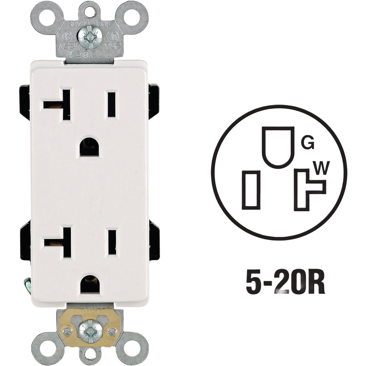 White 20 Amp duplex electrical outlet with durable nylon construction for residential electrical boxes and home improvement use