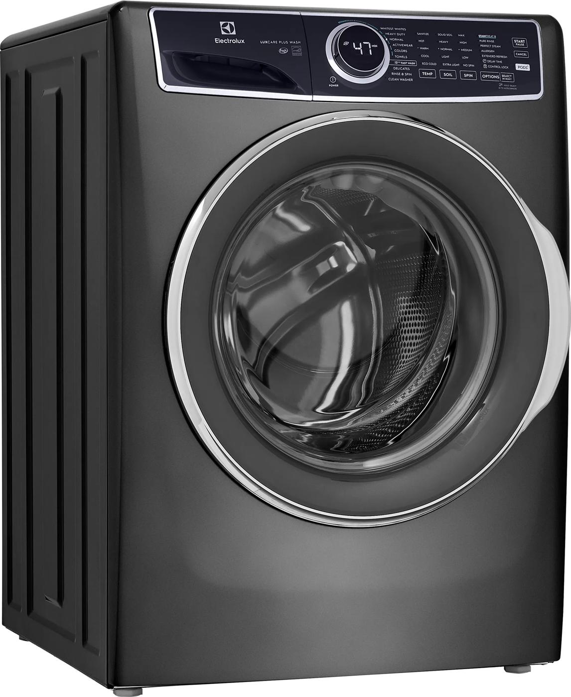 Dark gray front load washer with digital display and multiple cycle options in modern washers and appliances collection