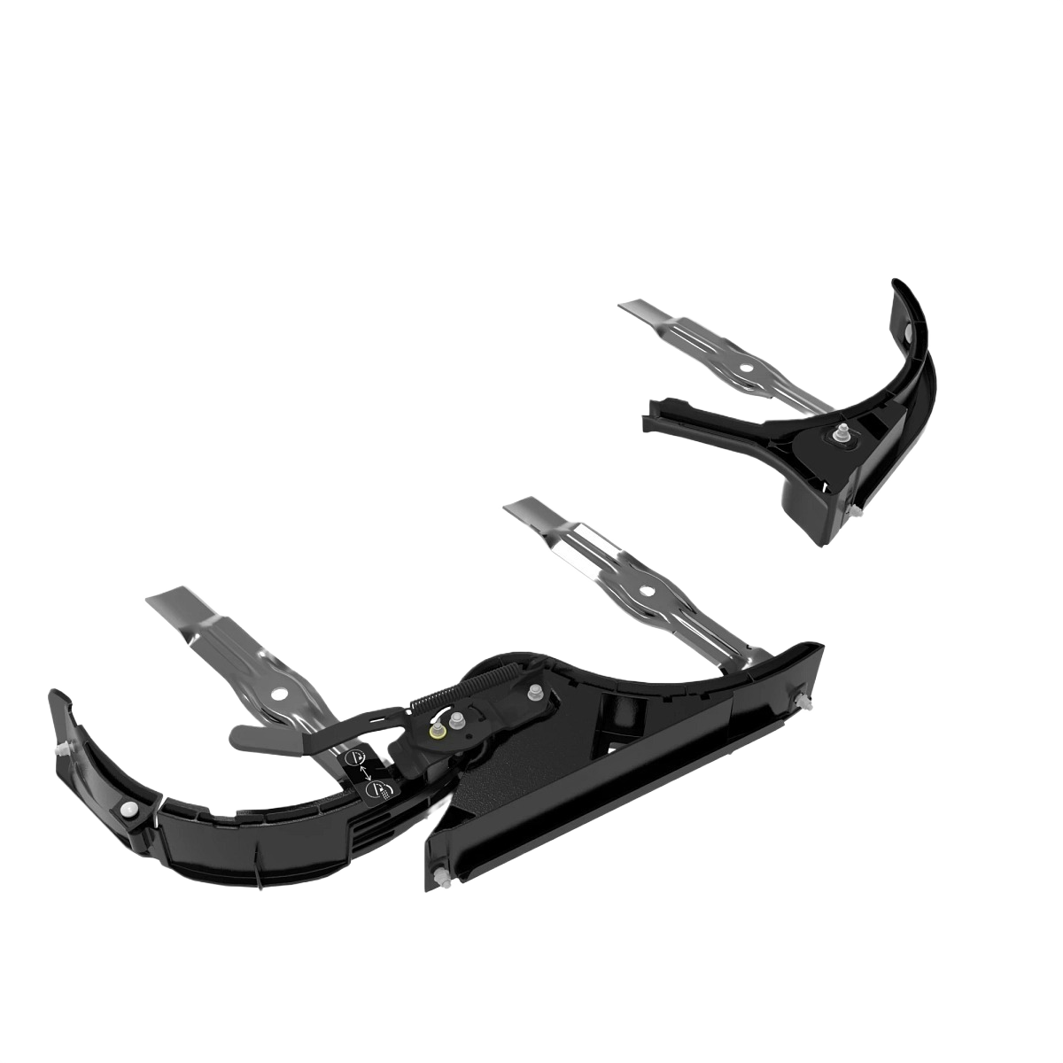 Black metal and plastic components of a grass mulch control kit for mowing and cutting parts collection