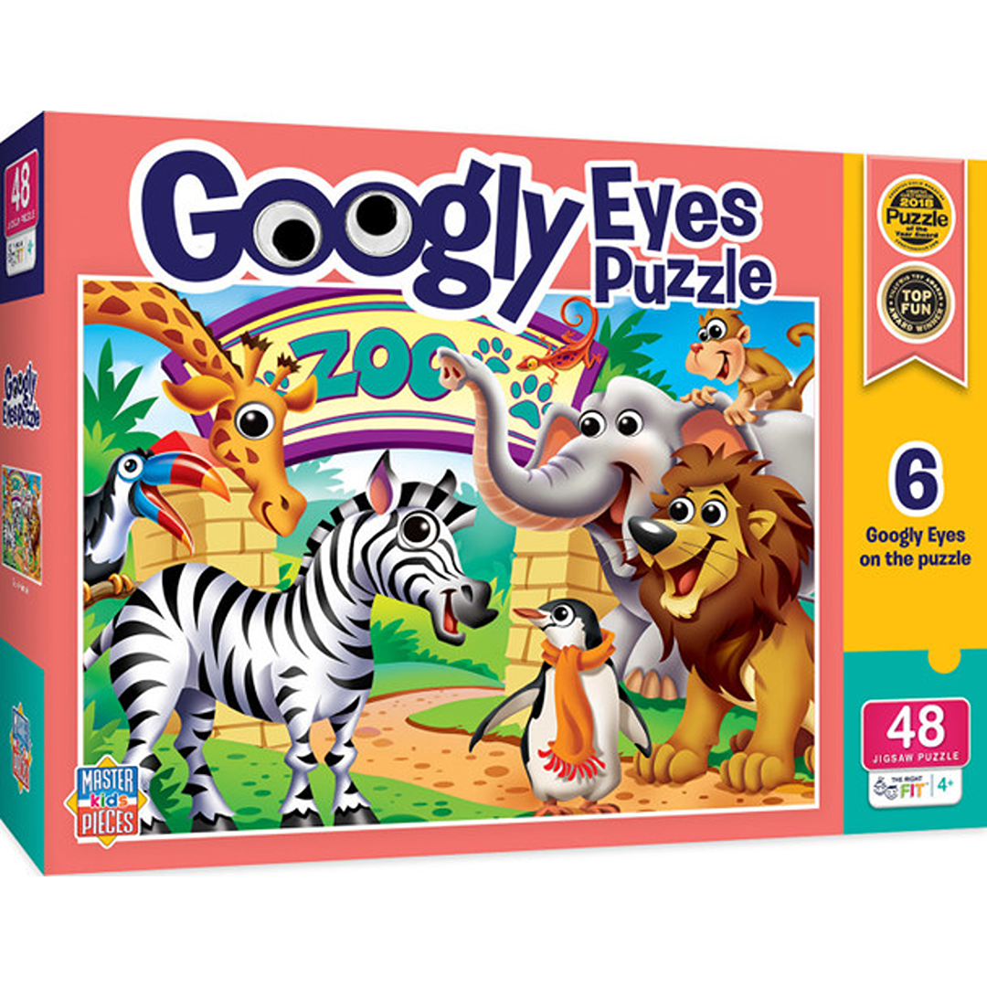 Colorful zoo animal puzzle featuring giraffe, zebra, elephant, lion, penguin, and toucan with googly eyes for kids