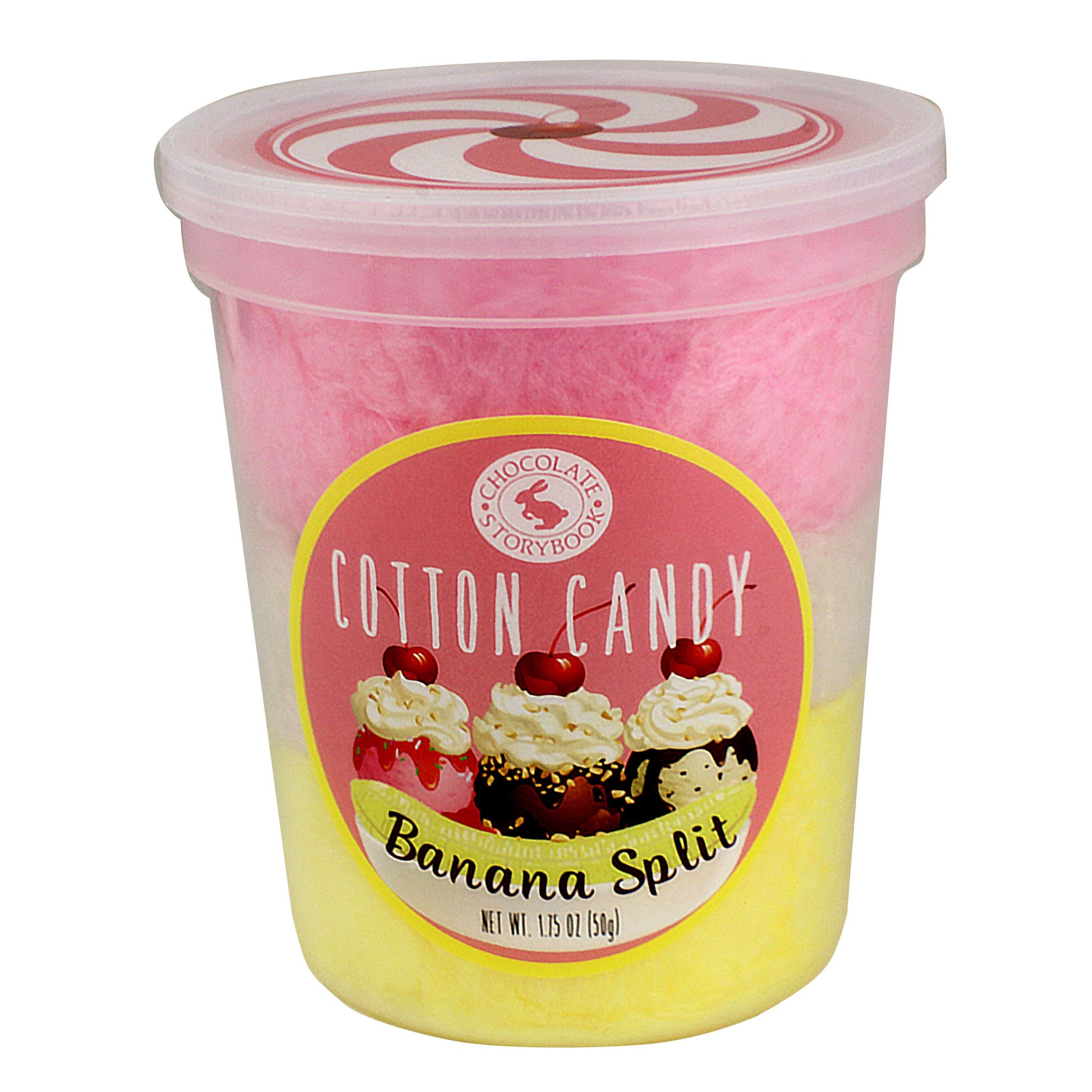 Clear container of pink and yellow Banana Split flavored cotton candy from Chocolates & Candies collection