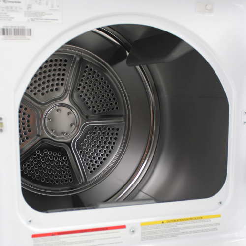 Interior view of white front load electric clothes dryer drum made of durable aluminum alloy in appliances collection