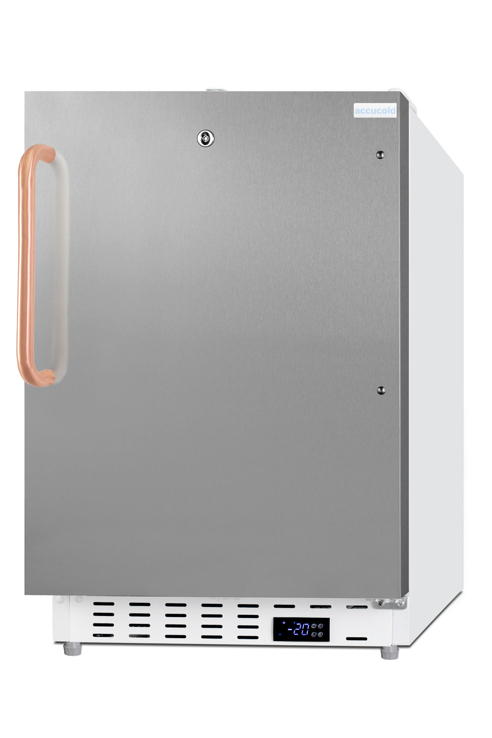Stainless steel 20-inch built-in vaccine all-freezer with digital temperature display and copper handle in appliances collection