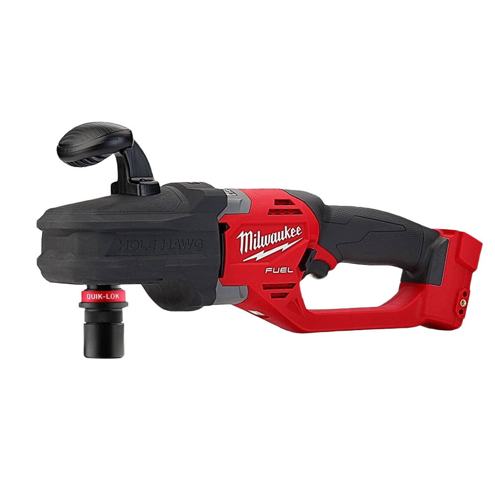 Red and black cordless right angle drill with QUIK-LOK attachment for heavy-duty home improvement tasks