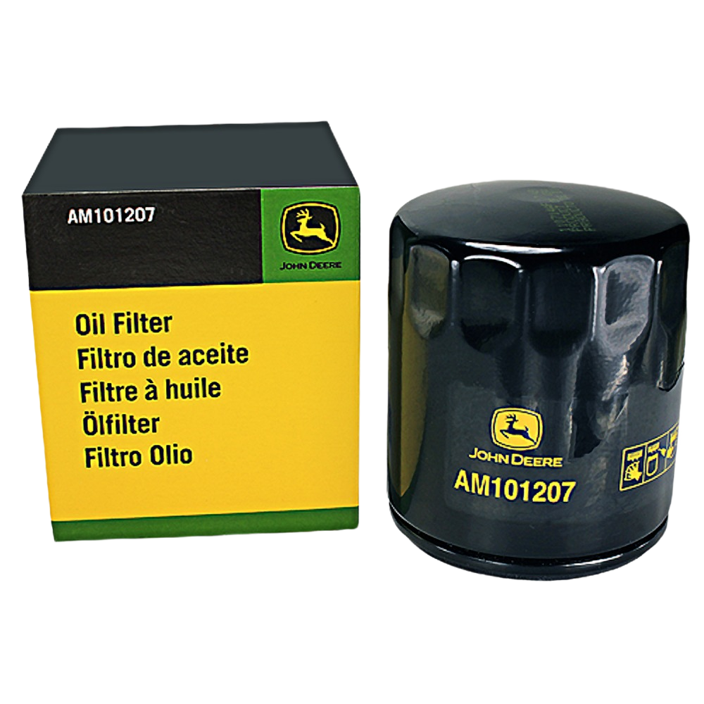 Black cylindrical oil filter with yellow John Deere logo and matching packaging for automotive and parts lubricants collections