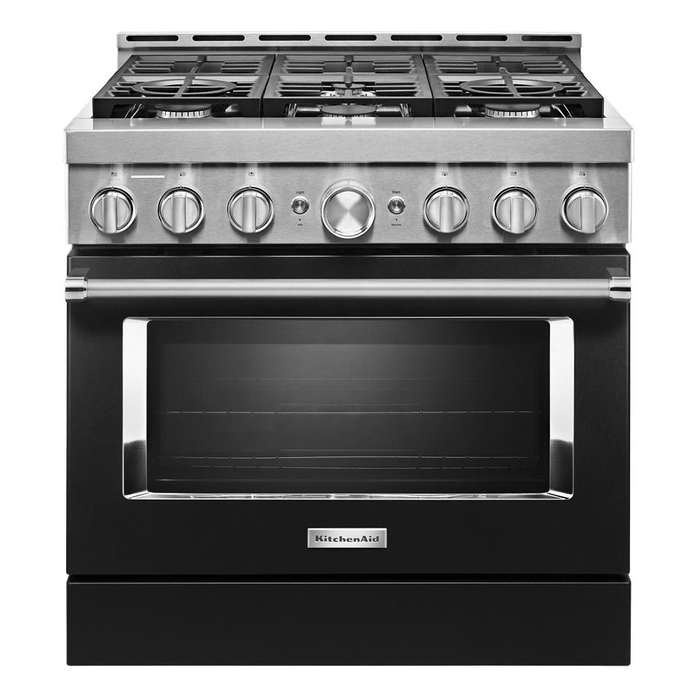 36-inch smart commercial-style gas range with six burners and stainless steel finish from KitchenAid appliances collection