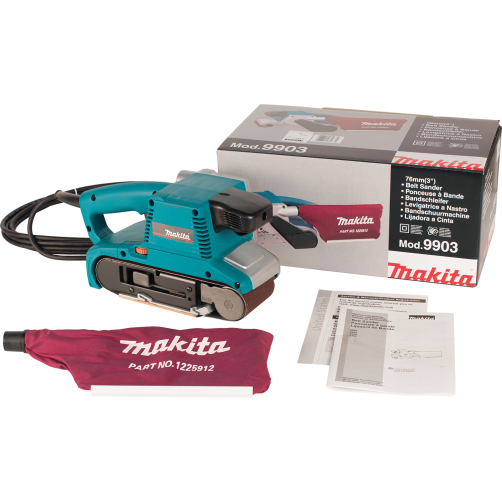 Teal corded belt sander with dust collection bag, instruction manuals, and retail packaging for tools and home improvement