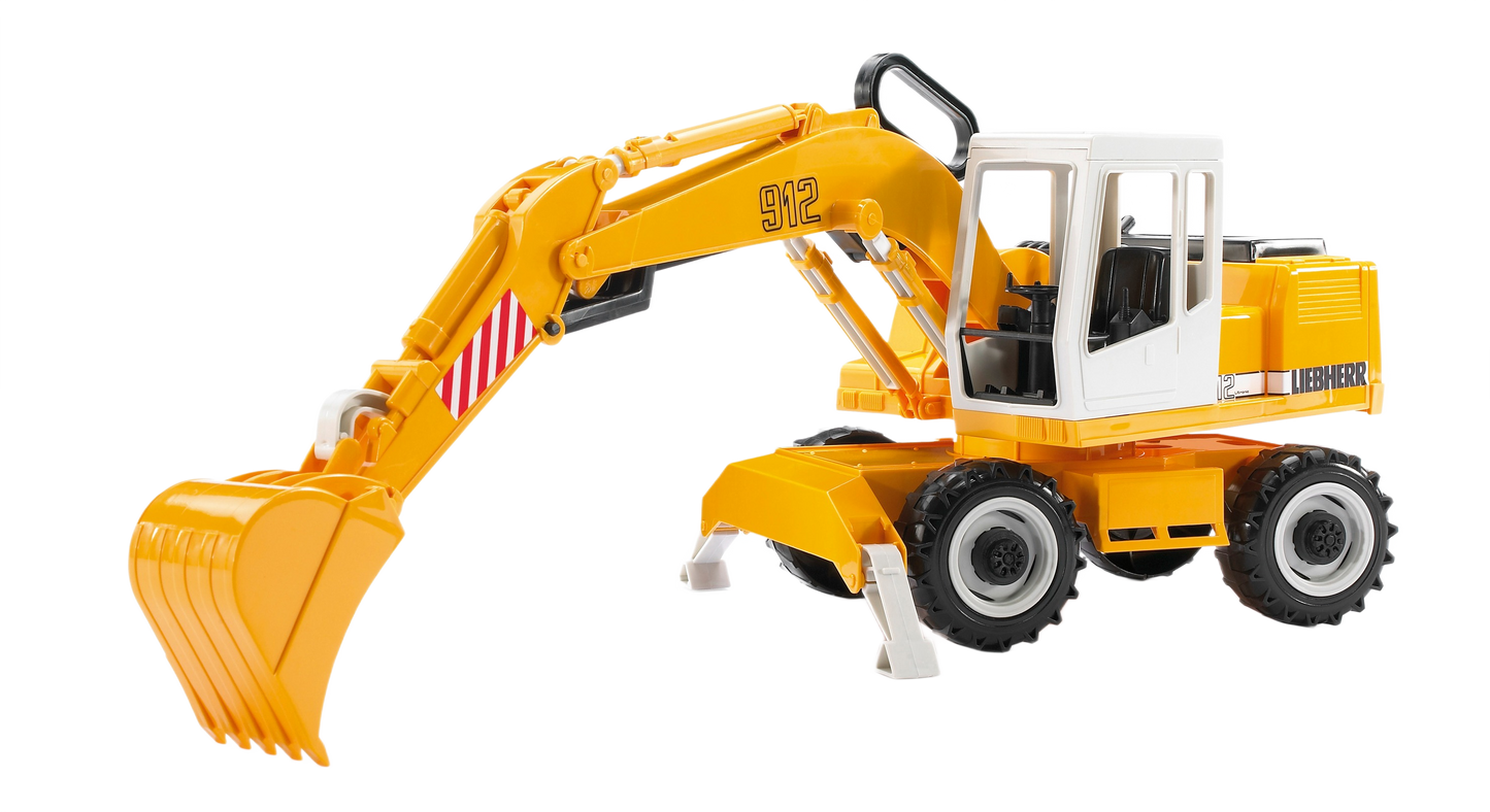 Yellow and white toy excavator with rotating arm and manual lever for realistic play in vehicles and toys collections