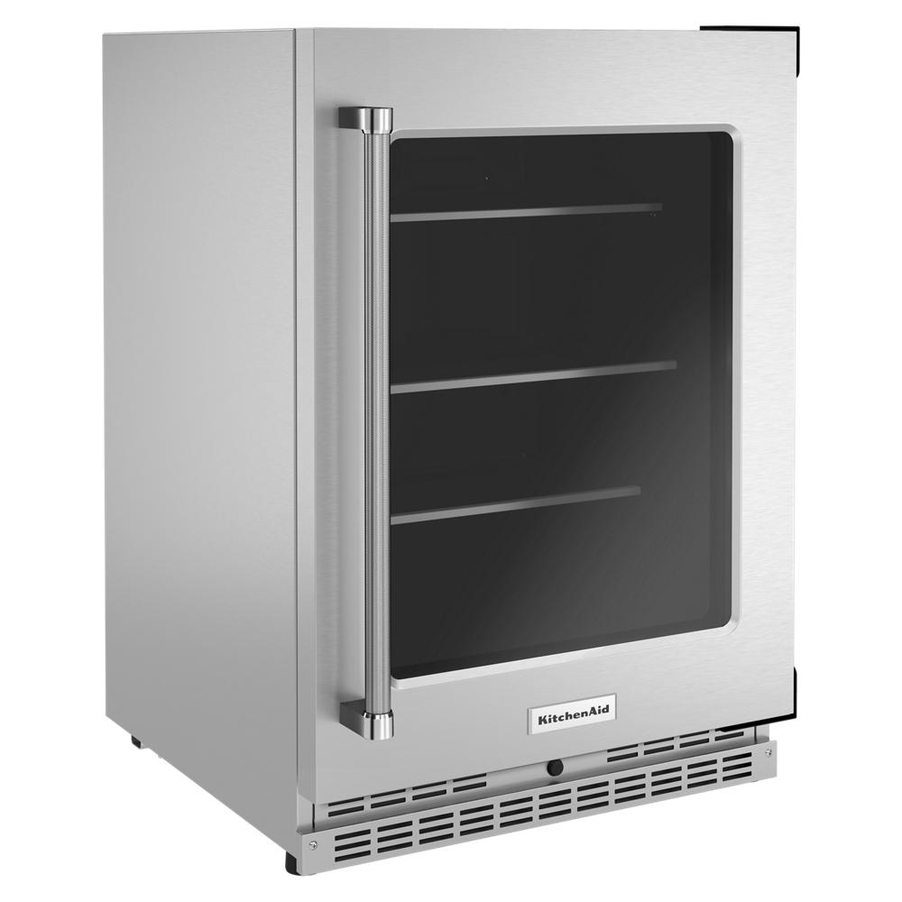 24-inch undercounter refrigerator with metal handle, glass door, and interior shelves in KitchenAid Appliances collection