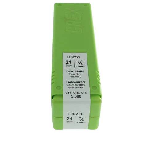 Green plastic box containing 21 gauge galvanized brad nails measuring 7/8 inch for home improvement projects