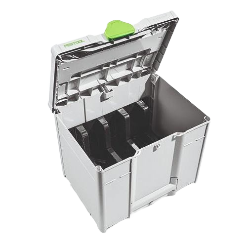 Heavy-duty interlocking storage box with secure latch and compartments for organizing woodworking abrasives and tools