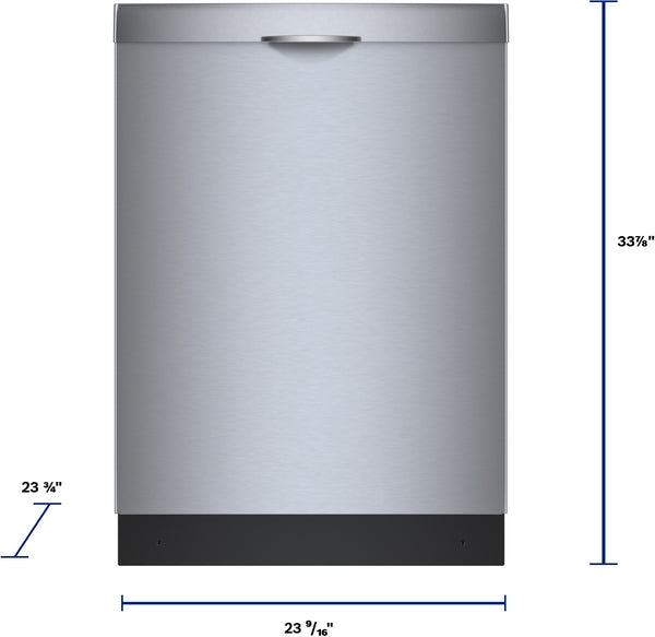 Front view of 24-inch stainless steel dishwasher with anti-fingerprint finish from Bosch kitchen appliances collection