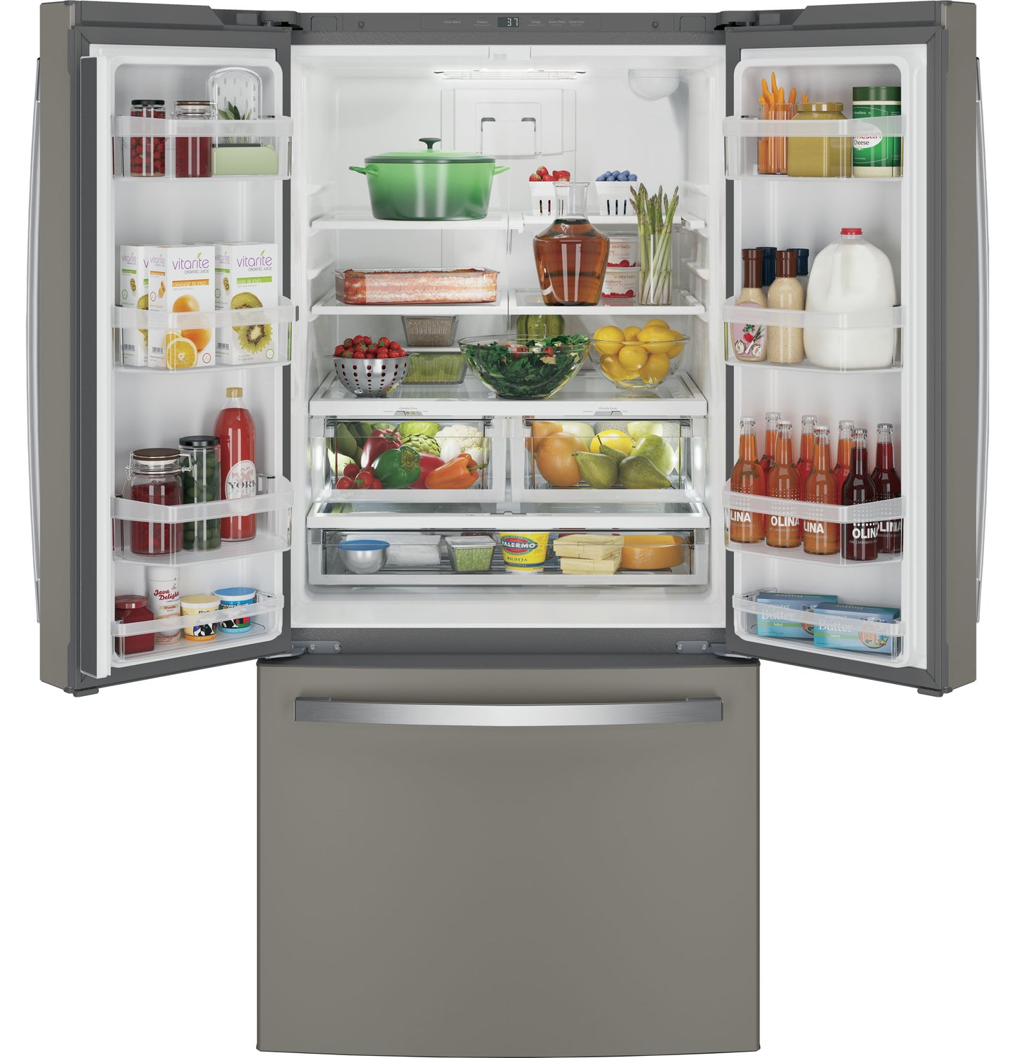 Open counter-depth French door refrigerator in stainless steel with organized fresh produce and beverages in kitchen appliances collection
