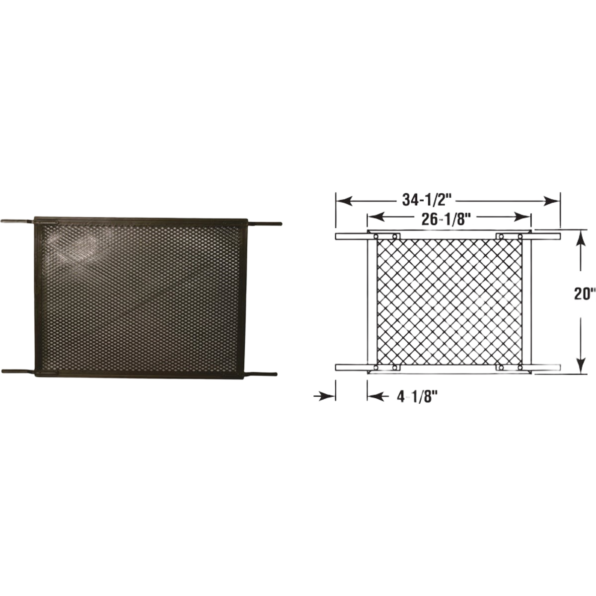Brown plastic door grille with adjustable metal frame and detailed measurements for home improvement installation projects