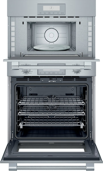 Stainless steel combination wall oven with dual compartments, multiple racks, and digital display from Thermador appliances collection