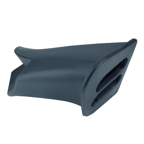 Black plastic mulch plug designed to block mower discharge chute for lawn equipment maintenance and safety