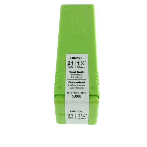 Green plastic container holding 21-gauge galvanized brad nails measuring 1 1/4 inches for hardware and fasteners collection