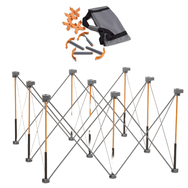Foldable metal workstand frame with orange accents and a gray carrying case for portable tools and home improvement use