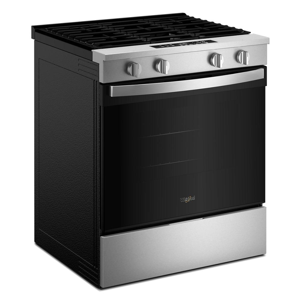 Angled view of a stainless steel 30-inch gas range with four control knobs, black oven door, and grates, featured in ranges, gas ranges, kitchenware, and appliances collections.