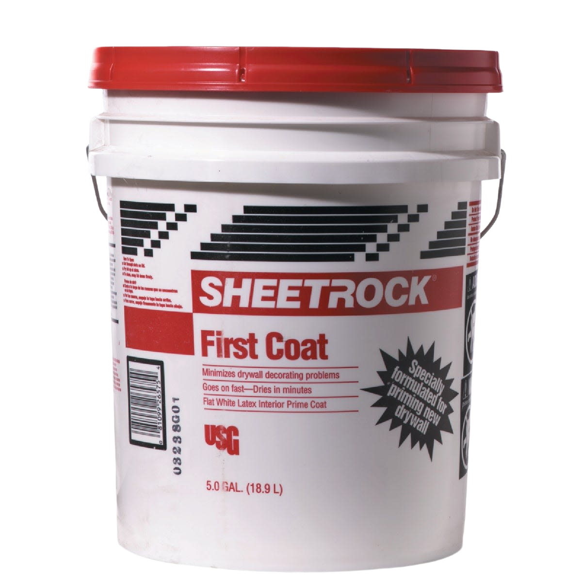 White 5-gallon bucket of interior primer designed to improve drywall finish for home improvement projects