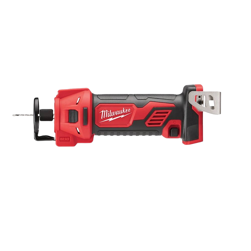 Cordless red and black Milwaukee M18 cut out tool with drill bit, part of Milwaukee power tools collection