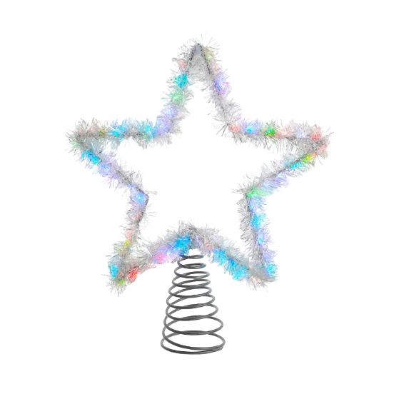 Silver tinsel star treetop with red, green, and blue LED lights for Christmas tree decoration under $50