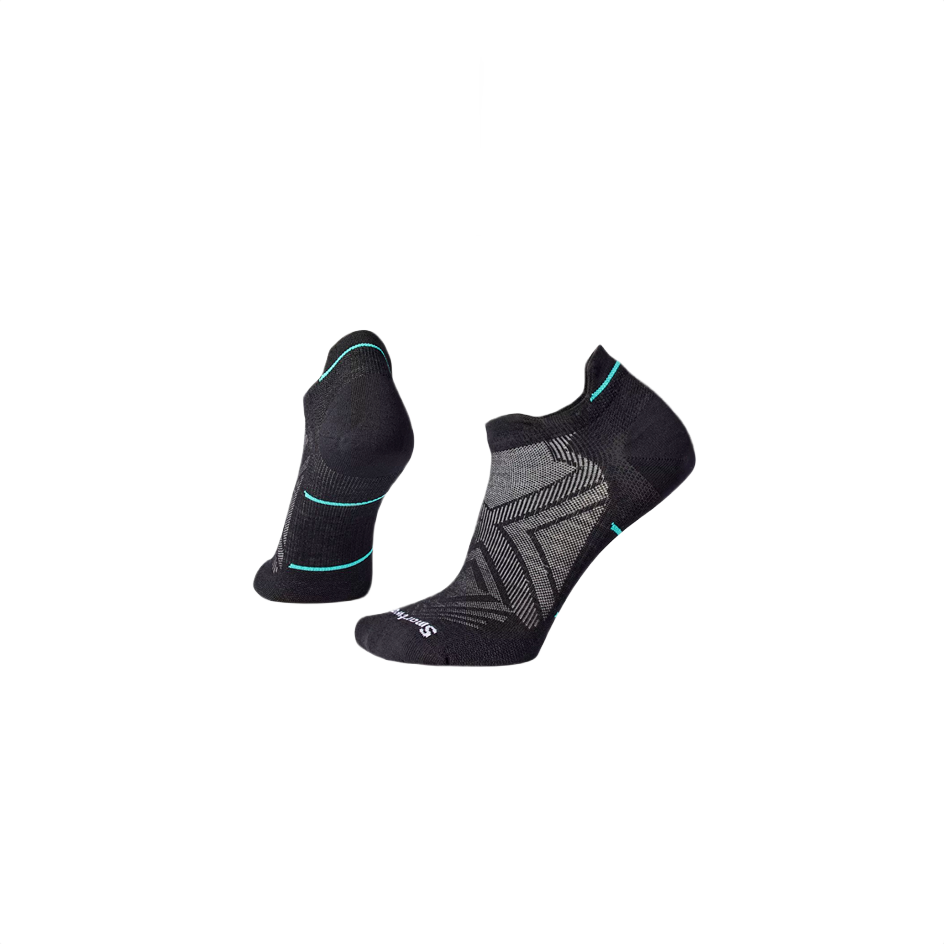 Pair of black low ankle socks with geometric patterns and teal accent lines for athletic use