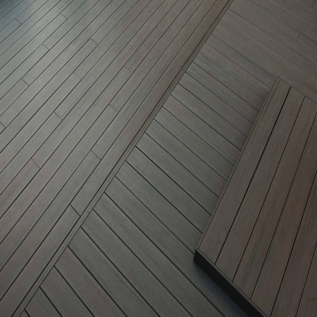 TimberTech Espresso fascia boards arranged in decking layout showcasing lumber and building materials collections