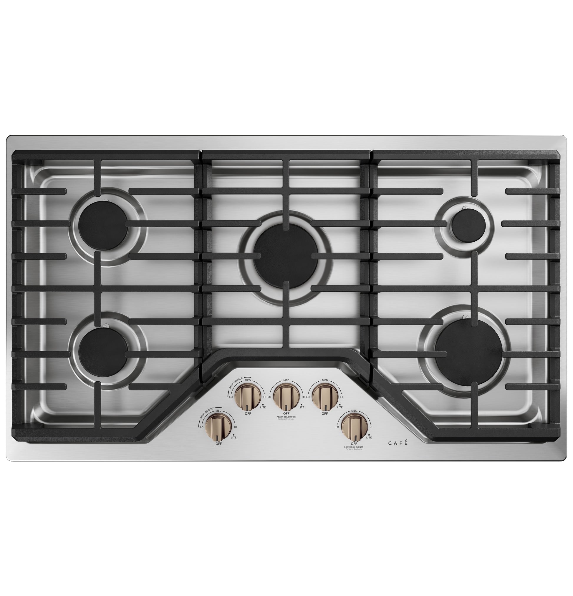 Stainless steel 36-inch gas cooktop with five burners and front knob controls from kitchen and cooktop collection