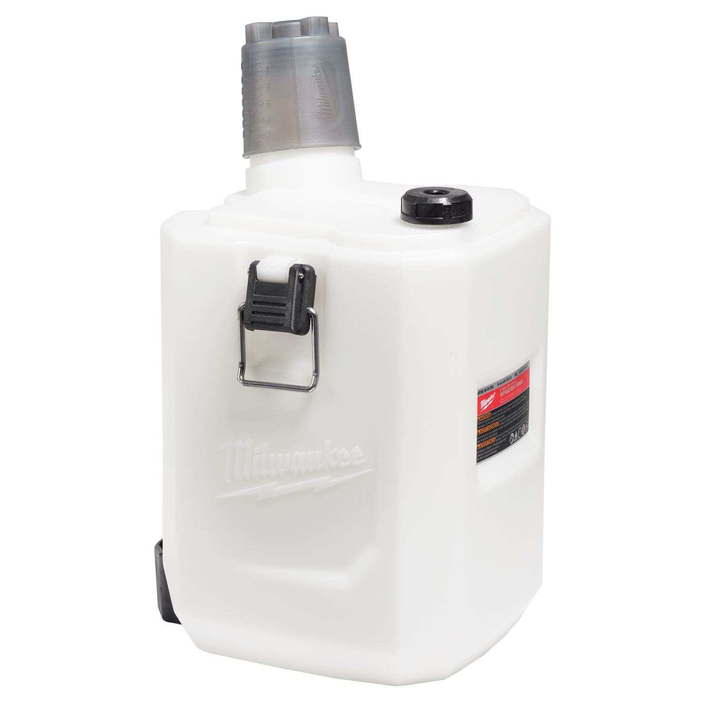 White handheld 2-gallon sprayer tank with black cap and clear measuring cup for tools and home improvement projects