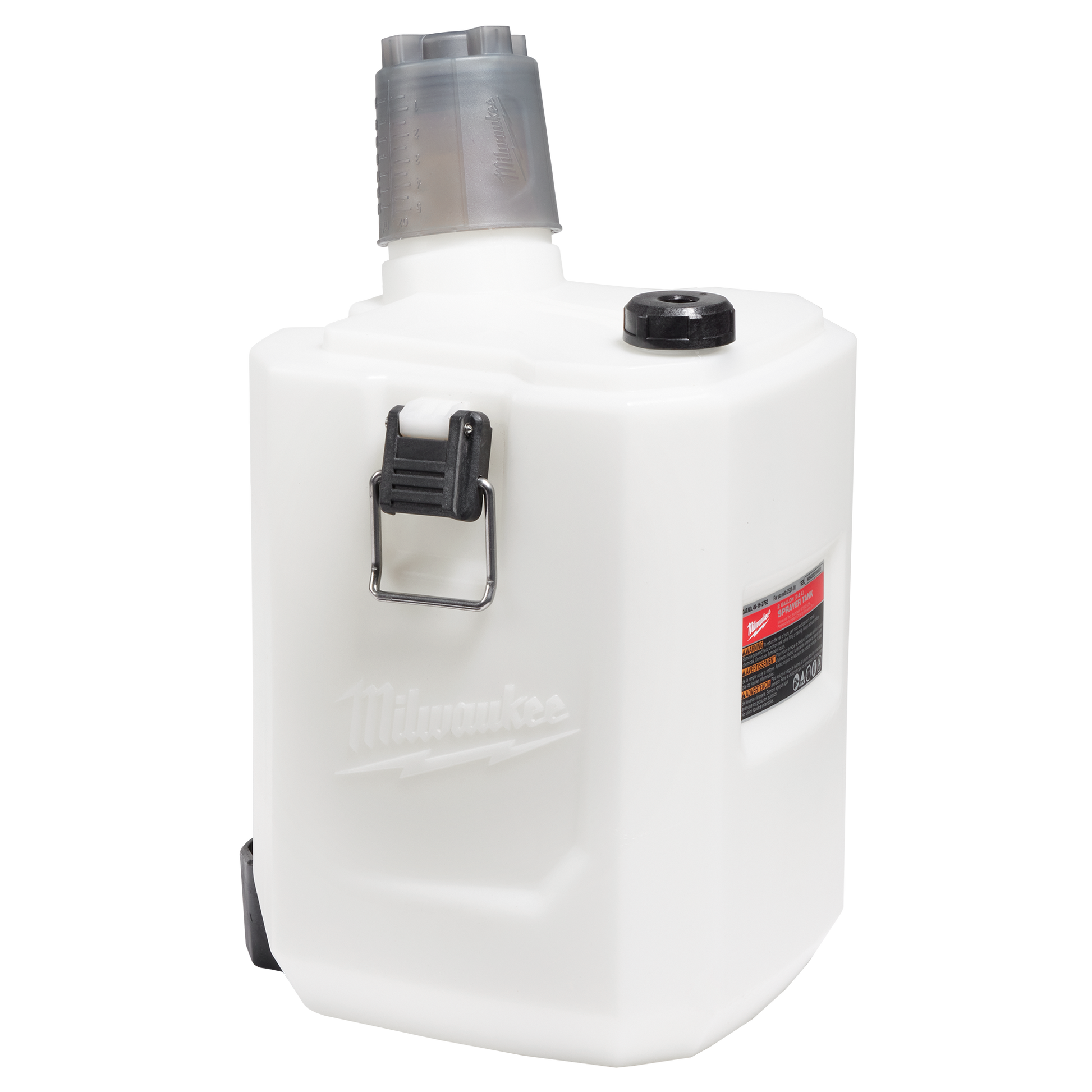 White handheld 2-gallon sprayer tank with black cap and clear measuring cup for tools and home improvement projects