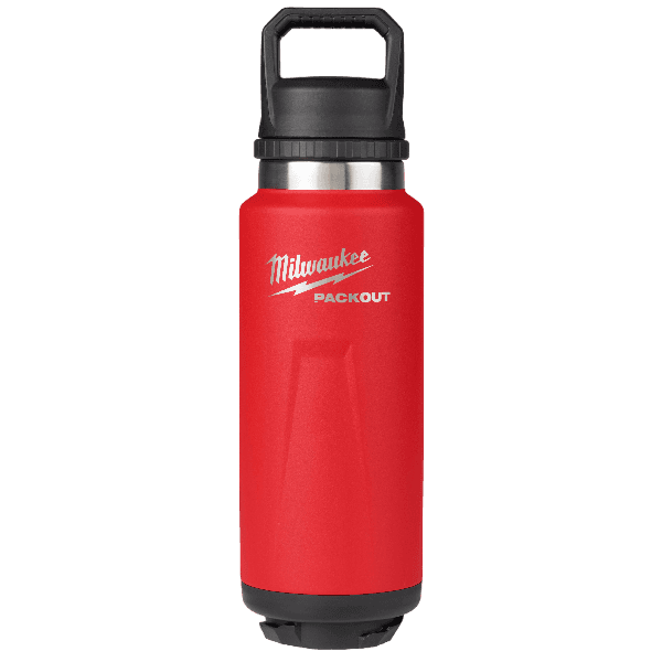 Red insulated stainless steel bottle with black chug lid and handle designed for tools and home improvement use