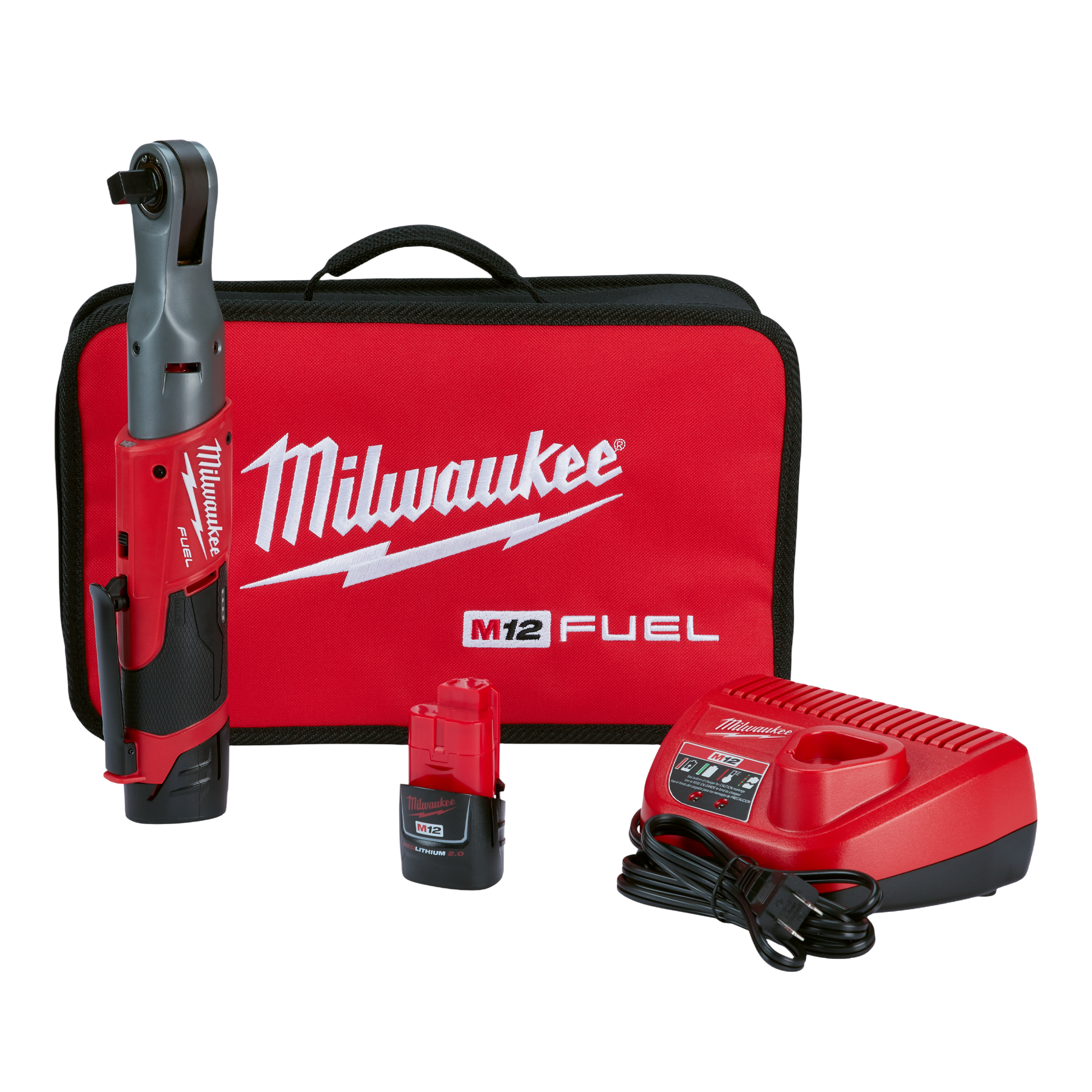 Red cordless ratchet with compact battery, charger, and branded red carrying case for tools and home improvement tasks