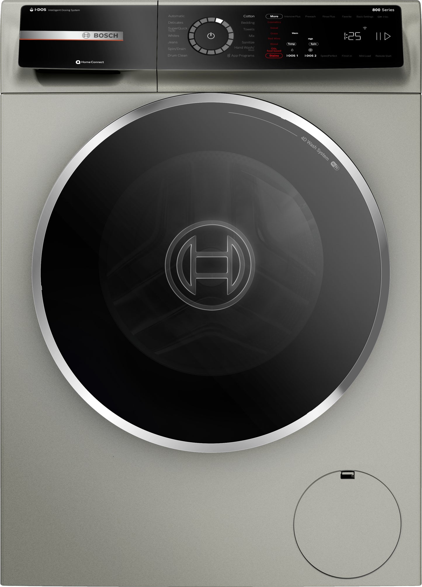 Front view of a pearl steel compact washer with digital controls and circular black door in Washers collection