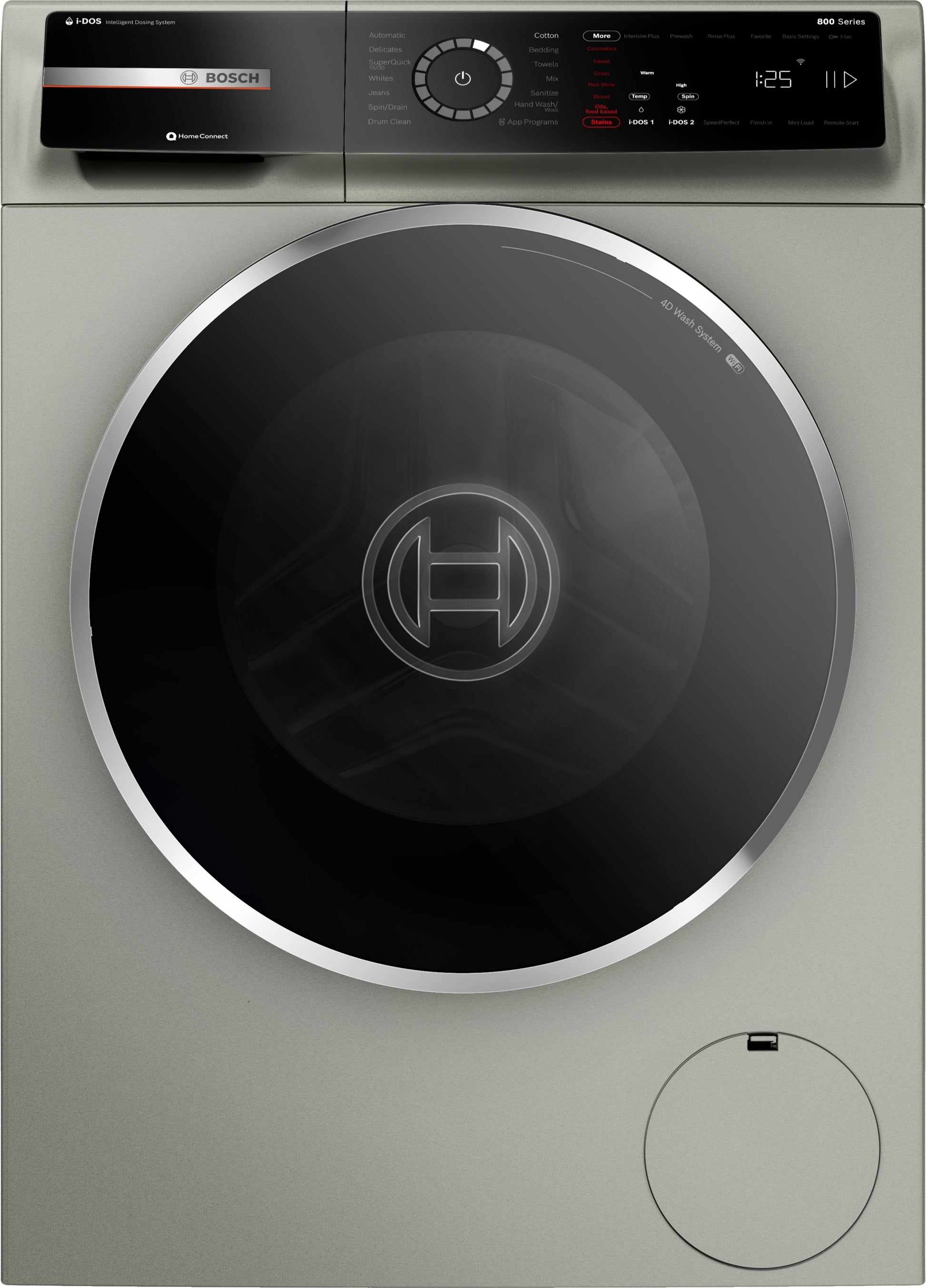 Front view of a pearl steel compact washer with digital controls and circular black door in Washers collection