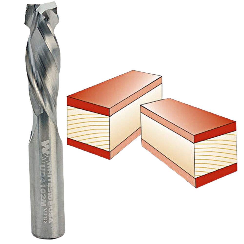 Spiral up/downcut router bit with metal construction, ideal for tool accessories and woodworking applications at home improvement.