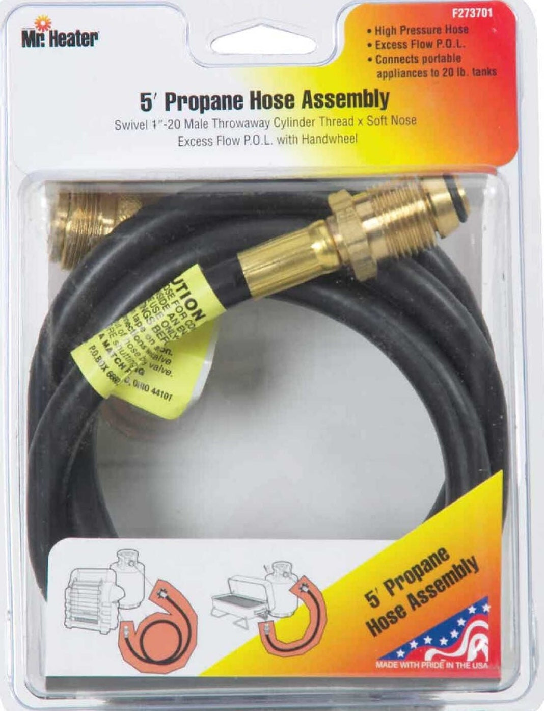 5 ft propane hose with brass fittings for connecting portable appliances, suitable for grilling and outdoor living use