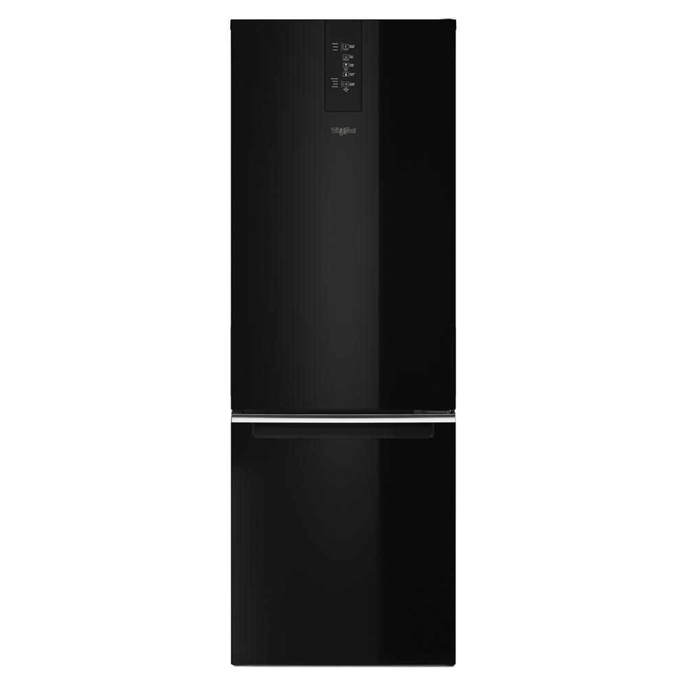 Sleek black bottom-freezer refrigerator with digital controls in kitchen appliances and refrigerators collection